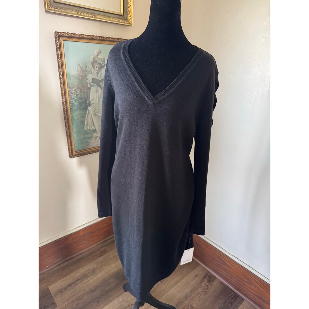NWT Calvin Klein CD4W1228 Black Sweater Dress L Lace Up Lattice Sleeve